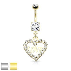 yellow Crystal Paved Hollow Heart with Love Dangle 316L Surgical Steel Belly But